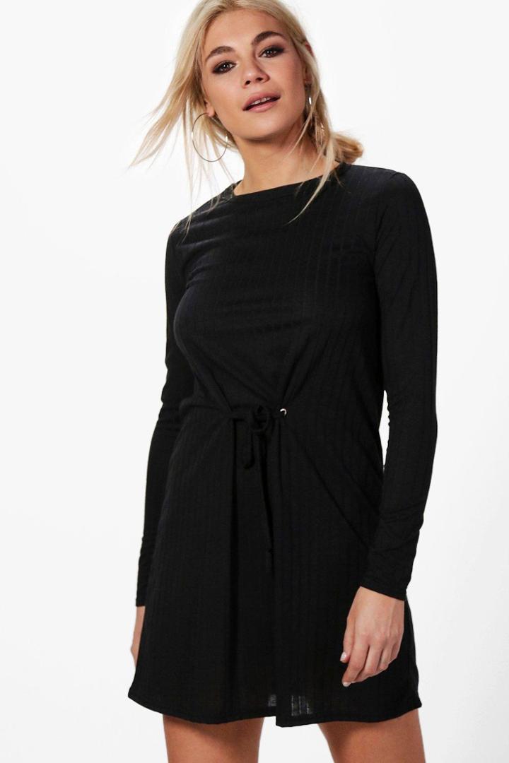 Boohoo Mia Corset Lace Rib Eyelet Detail Jumper Dress Black