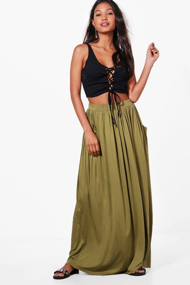 Boohoo Ettie Pocket Front Floor Sweeping Jersey Maxi Skirt Olive