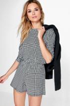 Boohoo Anii Round Neck Three Quarter Sleeve Dogtooth Playsuit Black