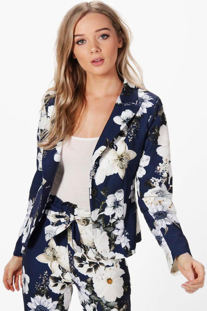 Boohoo Olivia Premium Floral Woven Tailored Blazer Navy