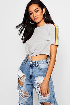 Boohoo Petite Sally Rainbow Tape Knot Front Top