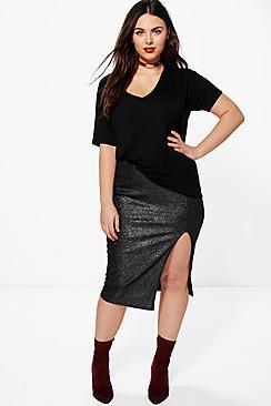 Boohoo Plus Hayley Metallic Side Split Midi Skirt