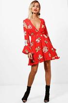 Boohoo Amelia Floral Wide Sleeve Frill Hem Dress