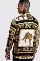 Boohoo Leopard Tile Print Long Sleeve Satin Shirt