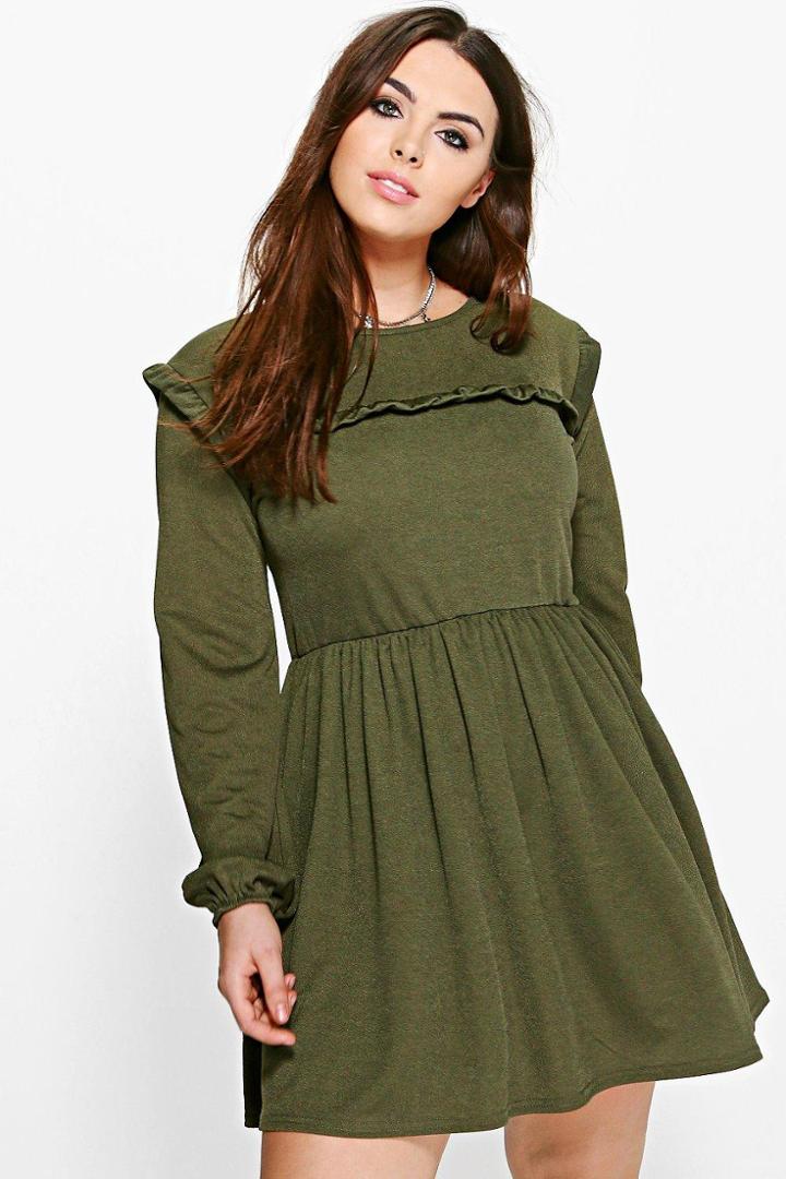 Boohoo Plus Naomi Ruffle Crepe Skater Dress Moss