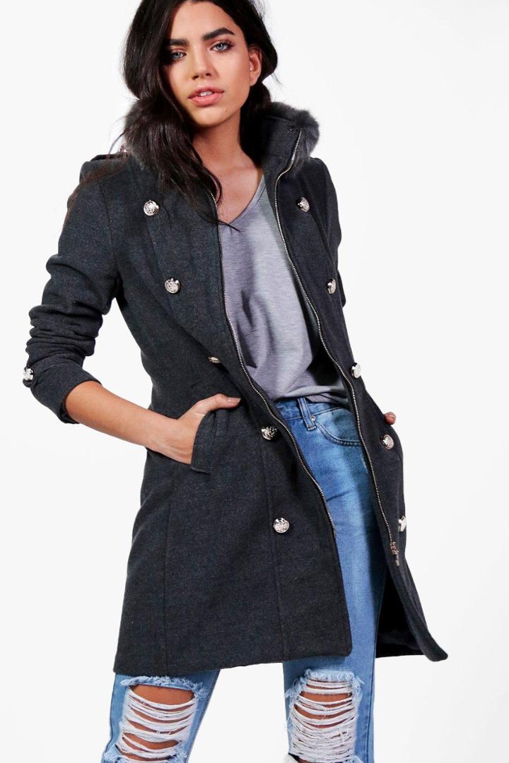 Boohoo Maddison Military Style Coat Grey
