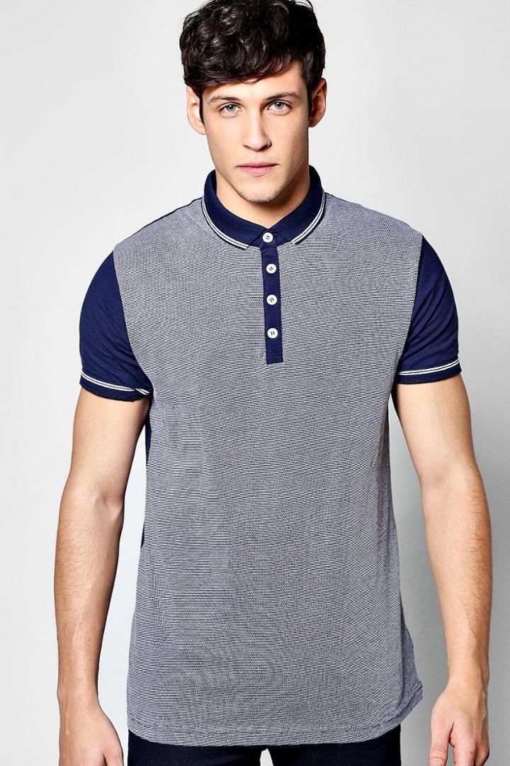 Boohoo Jersey Polo With Jacquard Front Navy