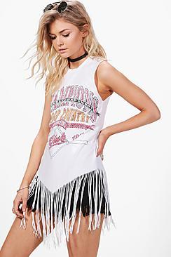 Boohoo Petite Emily Printed Fringe Edge Tank Top