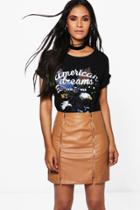 Boohoo Myah Leather Look Double Zip Mini Skirt Tan