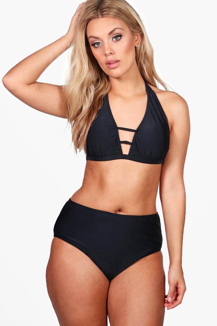 Boohoo Plus Fay Lace Up Front High Waist Bikini Black