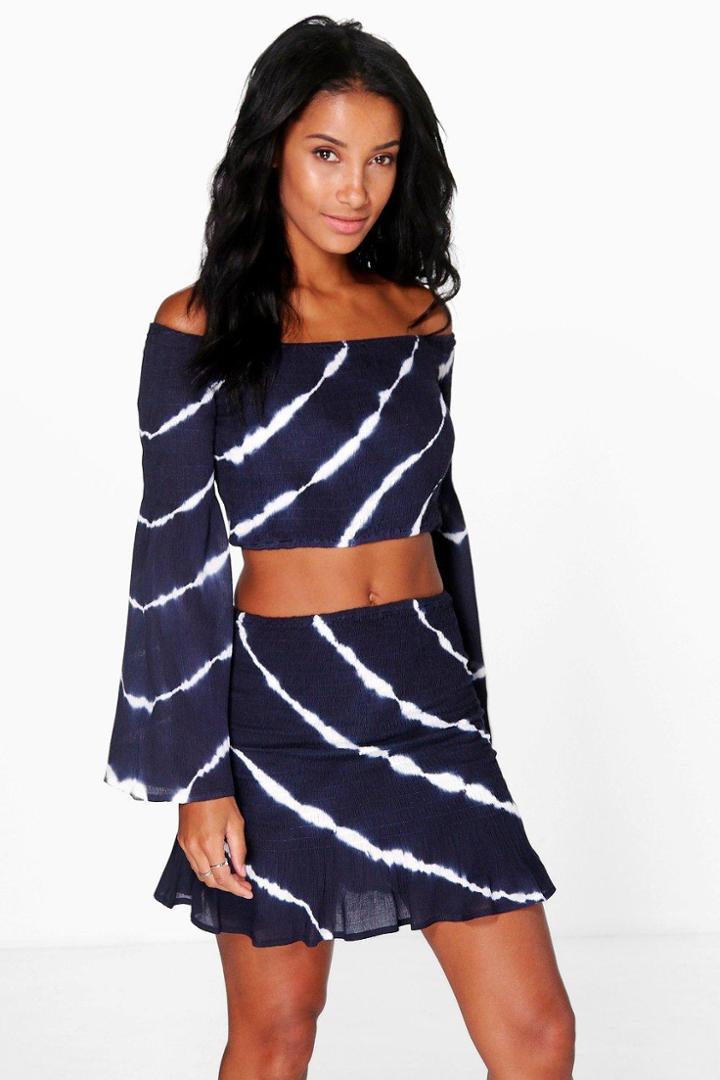 Boohoo Lila Tie Dye Off The Shoulder Top & Flippy Skirt Set Navy