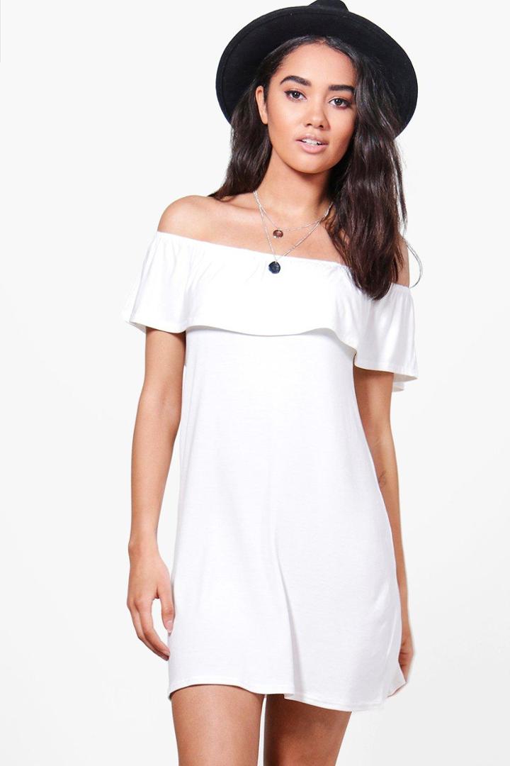 Boohoo Petite Caitlin Off The Shoulder Ruffle Shift Dress Ivory