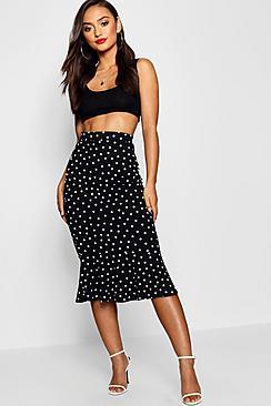 Boohoo Petite Spot Print Frill Hem Midi Skirt