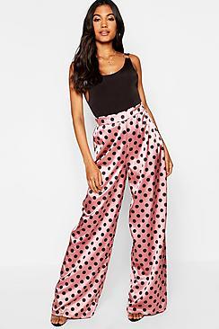 Boohoo Polka Dot Satin Wide Leg Trousers