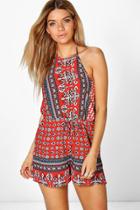 Boohoo Ria High Neck Printed Playsuit Red
