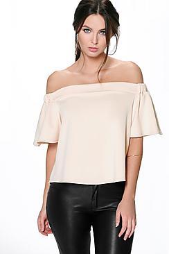 Boohoo Petite Off The Shoulder Scuba Frill Top