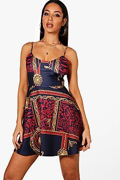 Boohoo Abbey Scarf Print Strappy Skater Dress