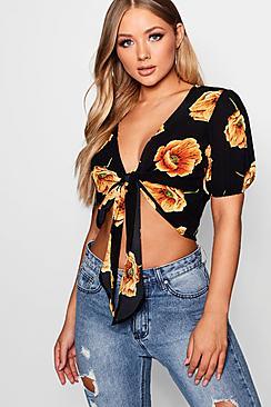 Boohoo Floral Tie Front Top