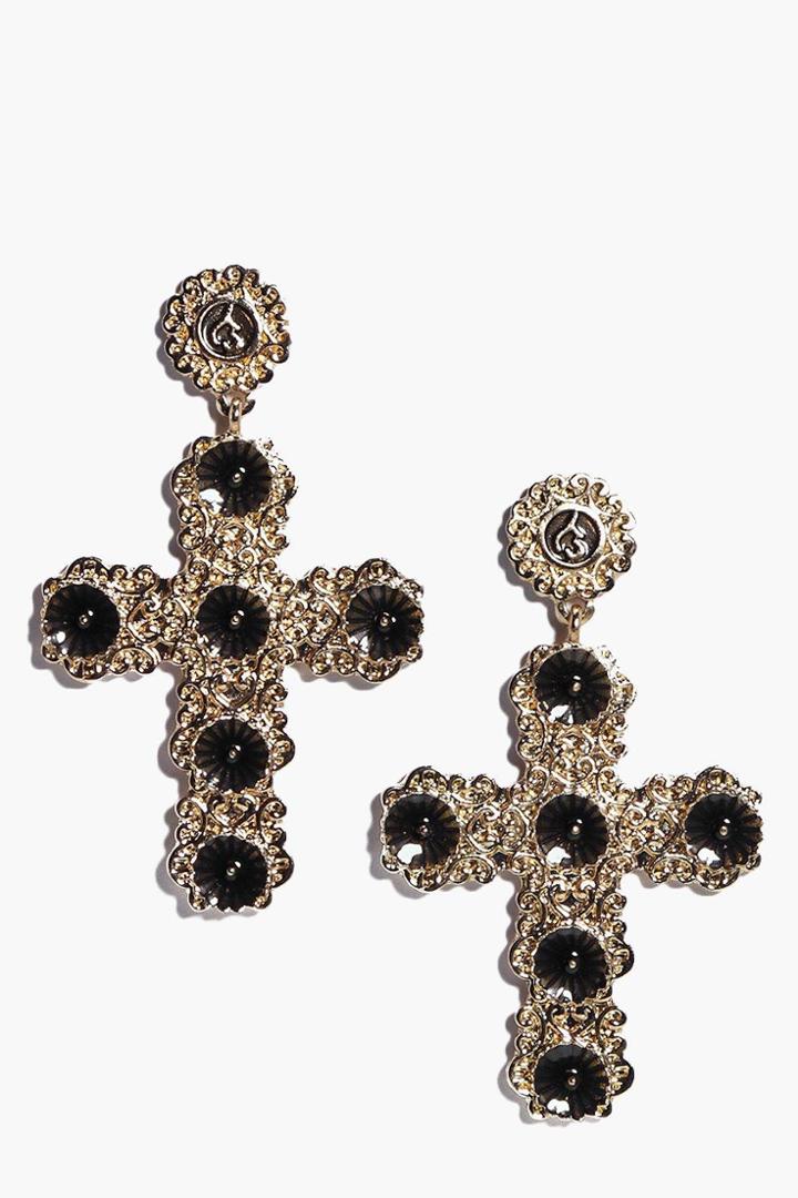 Boohoo Rose Ornate Cross Earrings Black