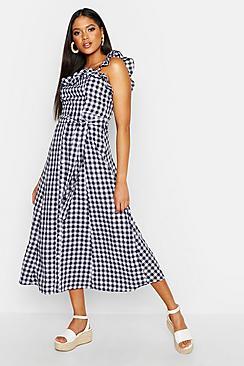 Boohoo Tall Off The Shoulder Gingham Skater Midi Dress