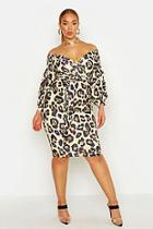 Boohoo Plus Leopard Print Off Shoulder Wrap Midi Dres