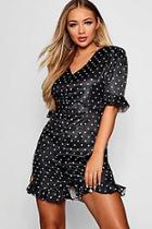 Boohoo Polka Dot Frill Sleeve Button Through Dress