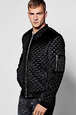 Boohoo Black Diamond Quilted Velour Bomber Jacket