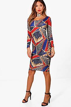 Boohoo Valerie Chain Print Square Neck Bodycon Dress