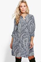 Boohoo Plus Polly Printed Tie Waist Shirt Dress Blue