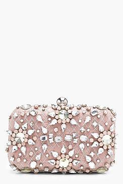 Boohoo Ava Premium Embellished Diamante Box Clutch Bag