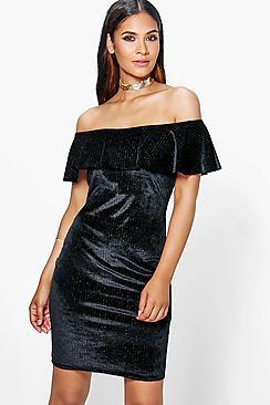 Boohoo Brielle Velvet Metallic Off Shoulder Bodycon Dress