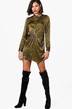 Boohoo Isla Twist Front Hammered Satin Shirt Dress