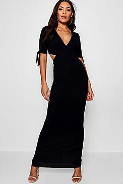 Boohoo Carmen Wrap Front Tie Sleeve Maxi Dress