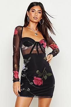 Boohoo Floral Mesh Cupped Corset Mini Dress