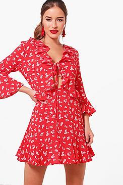 Boohoo Petite Ditsy Ruffle Cut Out Tea Dress