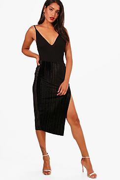 Boohoo Thigh Split Pleated Velvet Midi Skirt