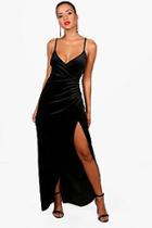 Boohoo Di Velvet Wrap Top Ruched Skirt Maxi Dress