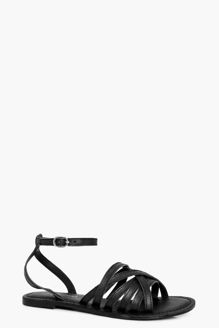 Boohoo Megan Cross Wrap Strap Leather Sandal Black