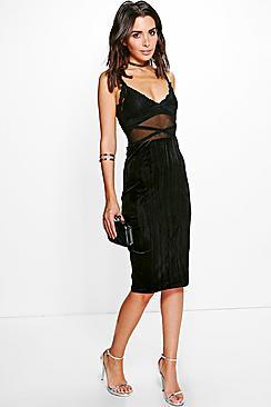 Boohoo Sofi Pleated Velvet Midi Skirt
