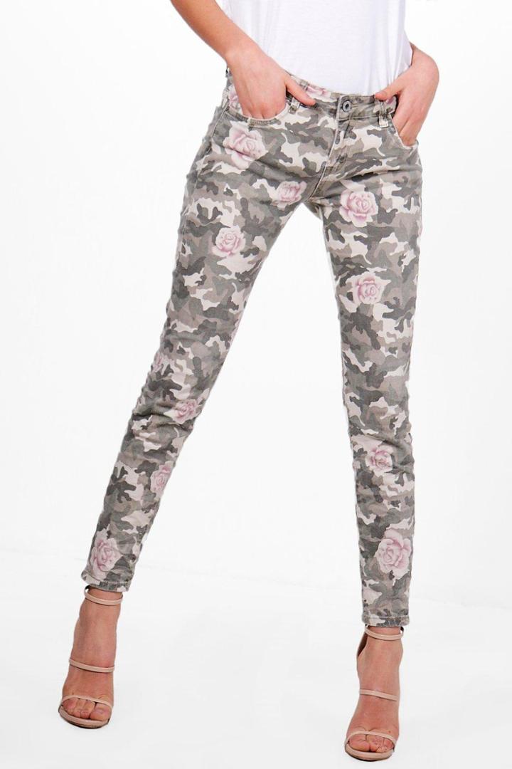 Boohoo Sally Floral Print Camo Skinny Jeans Camo