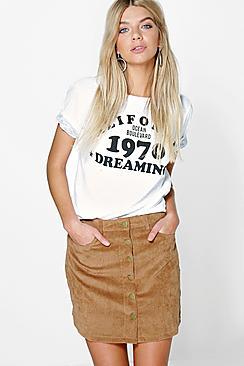 Boohoo Fallen Button Front Cord A Line Mini Skirt