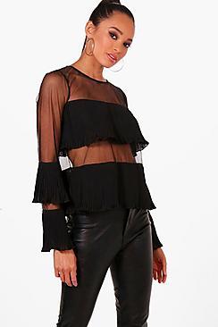 Boohoo Grace Sheer Panel Ruffle Top