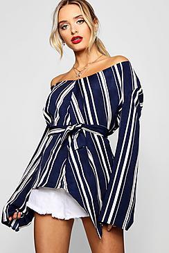 Boohoo Brody Stripe Wide Sleeve Tie Front Blouse