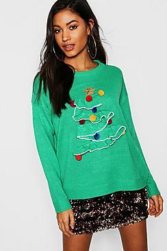 Boohoo 3d Frill Christmas Tree Jumper