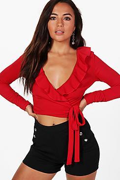Boohoo Petite Eliza Ruffle Wrap Front Crop Top