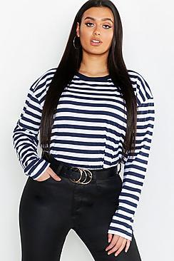 Boohoo Plus Stripe Crew Neck Basic Top
