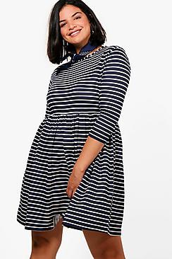 Boohoo Plus Lauren 3/4 Sleeve Stripe Smock Dress