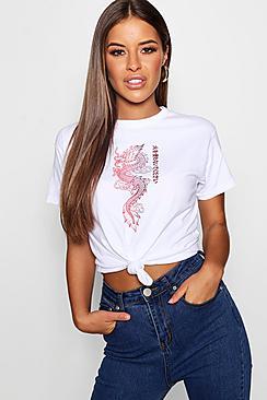 Boohoo Petite Dragon Print Knot Front Tee