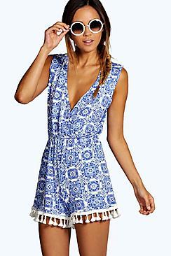 Boohoo Emma Blue Print Wrap Over Tassle Trim Playsuit