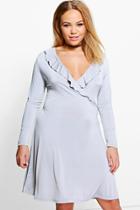 Boohoo Plus Hollie Slinky Ruffle Front Skater Dress Grey